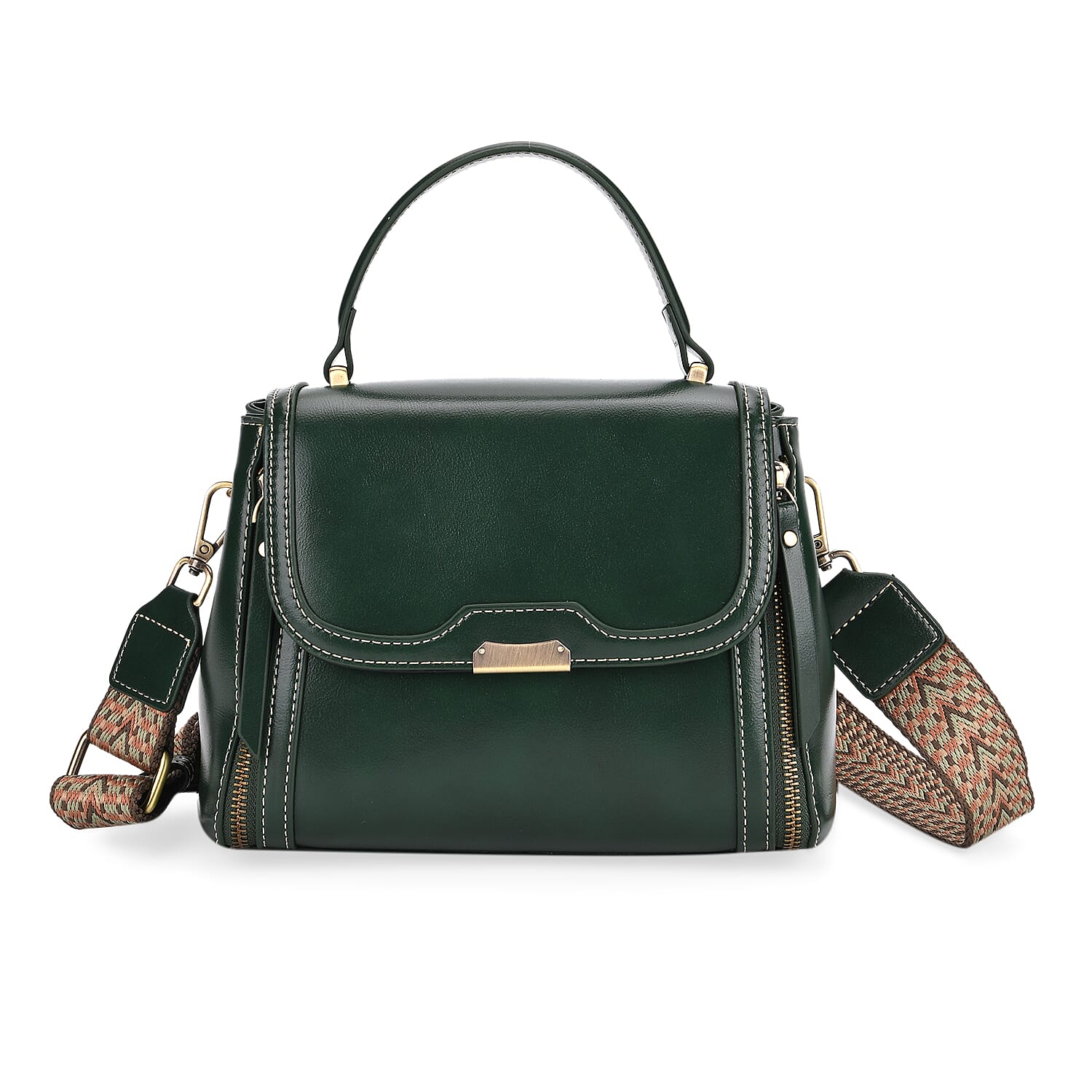 Genuine Leather Top Handle Satchel Bag with Adjustable Long Shoulder Straps - Dark Green