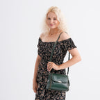 Genuine Leather Top Handle Satchel Bag with Adjustable Long Shoulder Straps - Dark Green