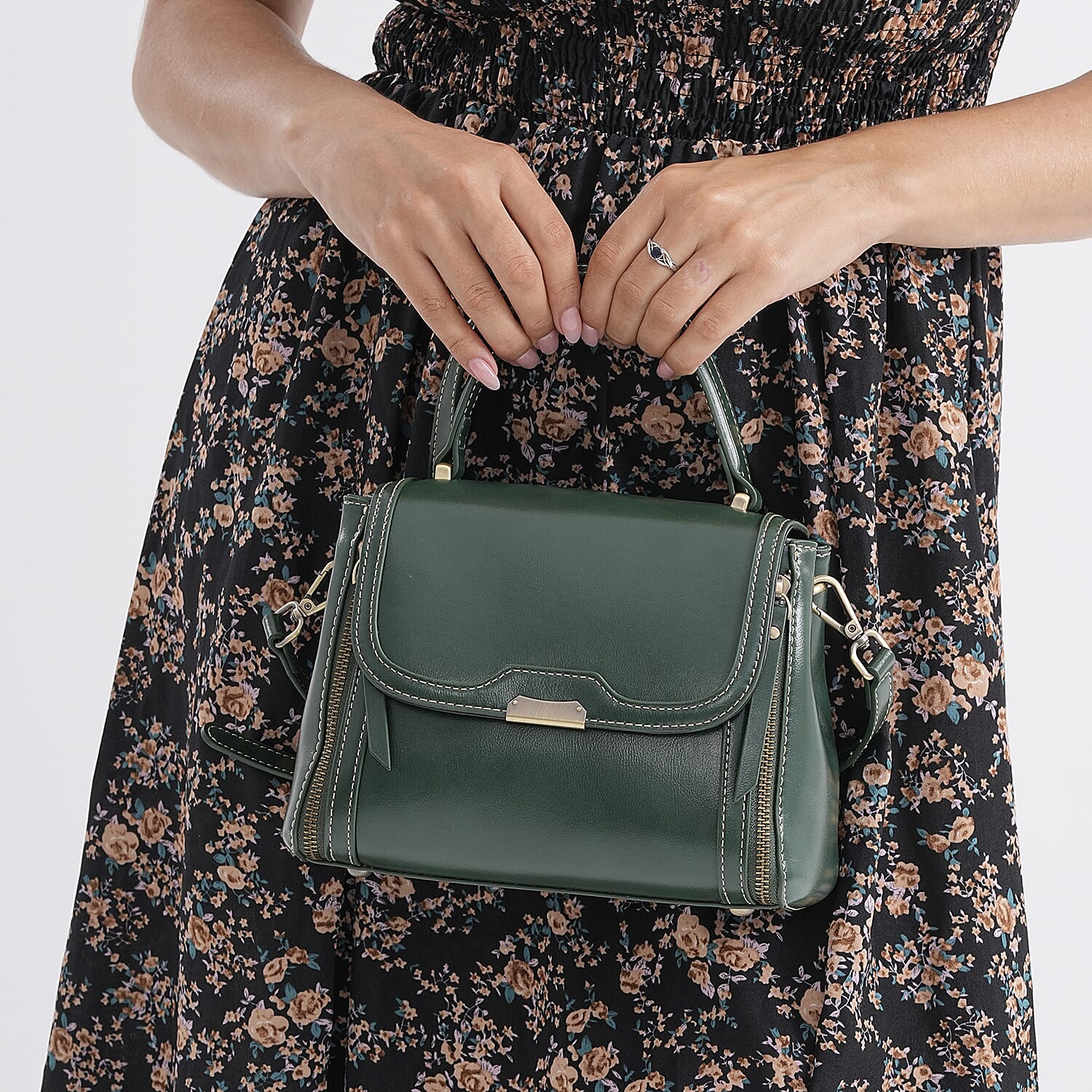 Genuine Leather Top Handle Satchel Bag with Adjustable Long Shoulder Straps - Dark Green