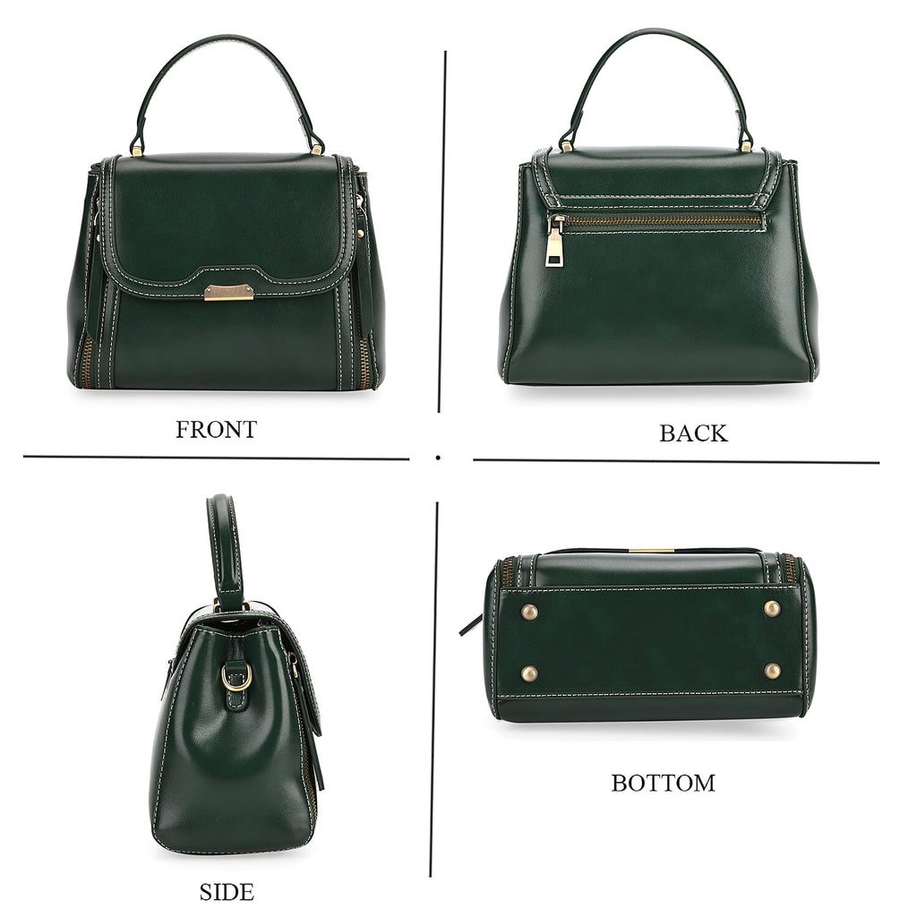 Genuine Leather Top Handle Satchel Bag with Adjustable Long Shoulder Straps - Dark Green