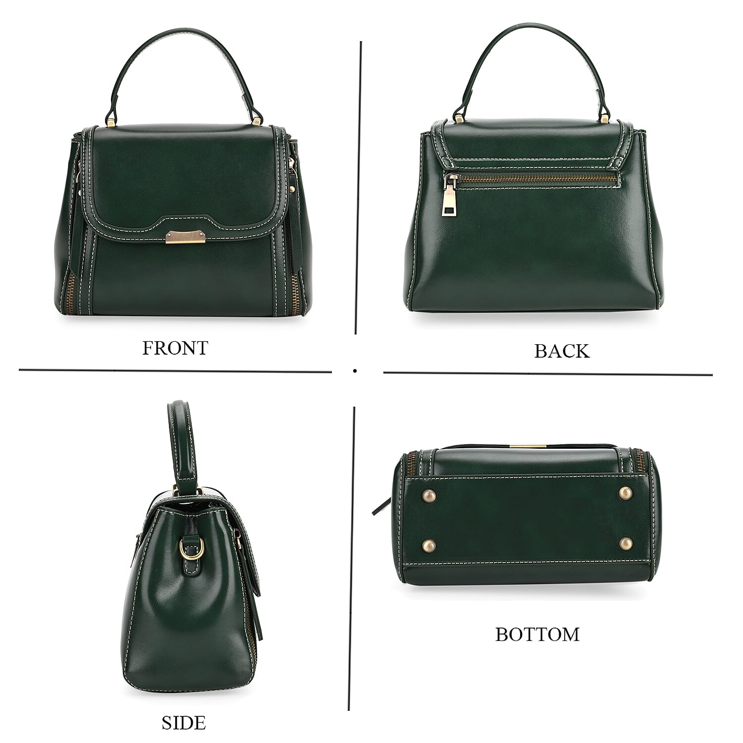 Genuine Leather Top Handle Satchel Bag with Adjustable Long Shoulder Straps - Dark Green