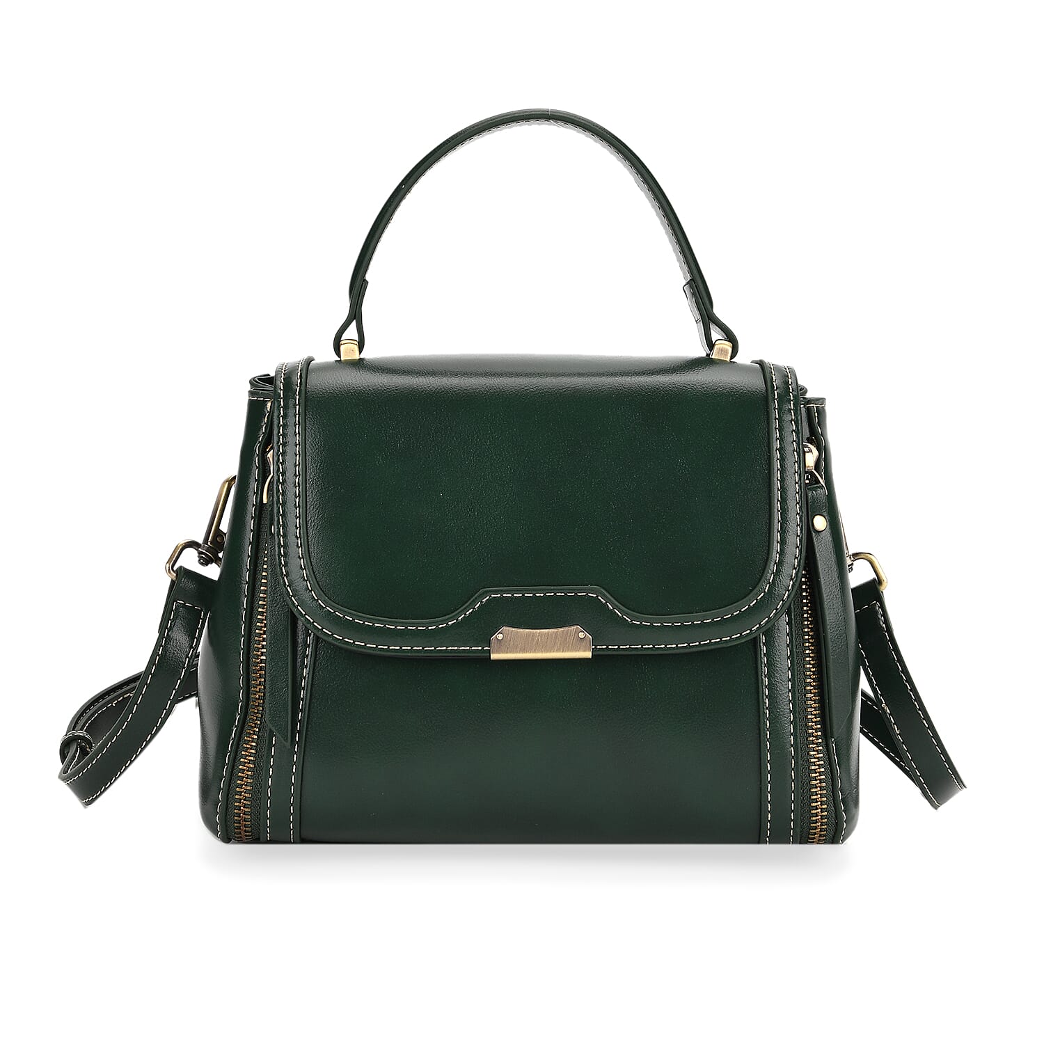Genuine Leather Top Handle Satchel Bag with Adjustable Long Shoulder Straps - Dark Green