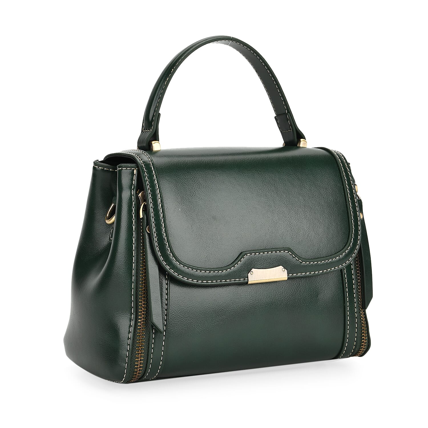 Genuine Leather Top Handle Satchel Bag with Adjustable Long Shoulder Straps - Dark Green