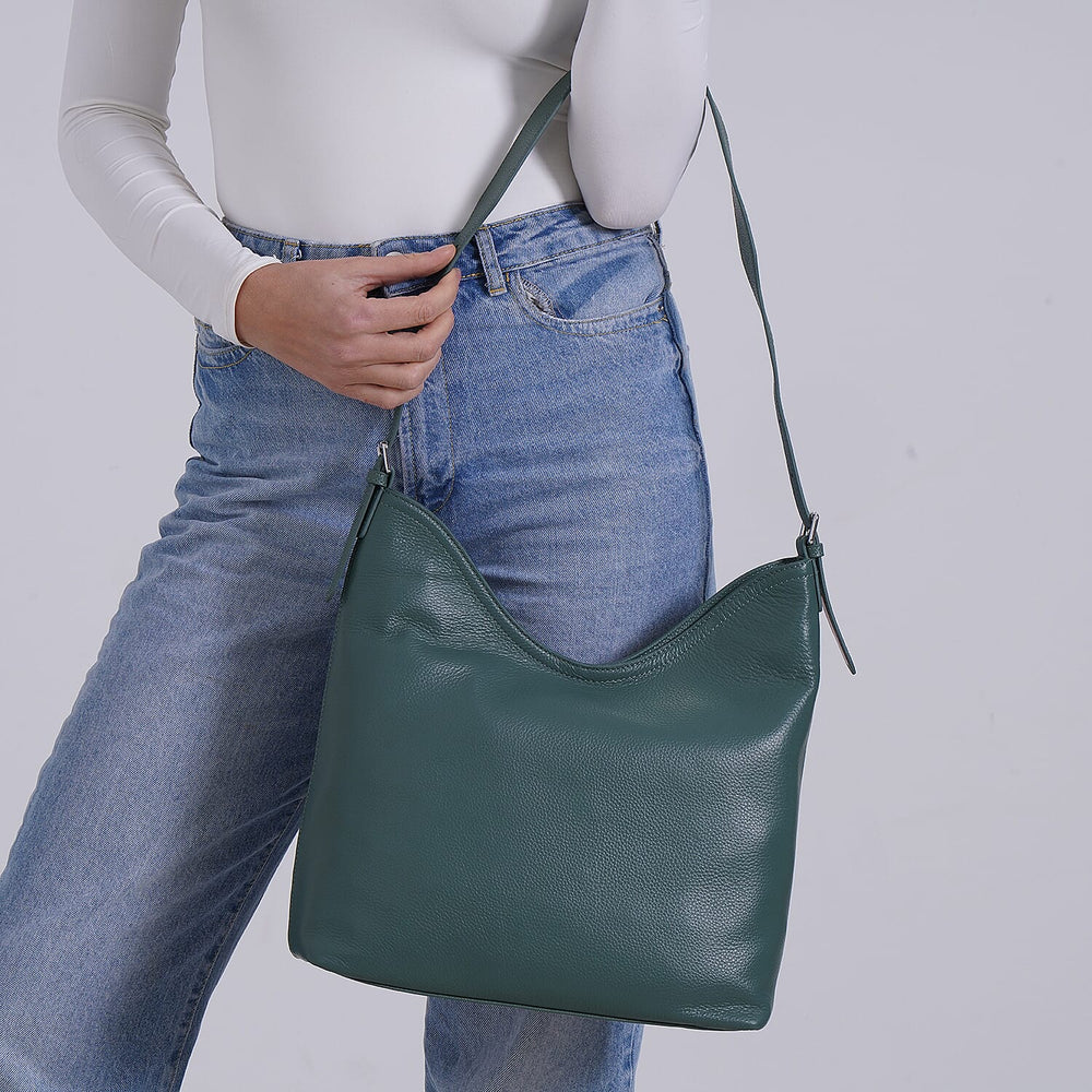 Hongkong Closeout Deal - 100% Genuine Leather Litchi Embossed Crossbody Bag - Green