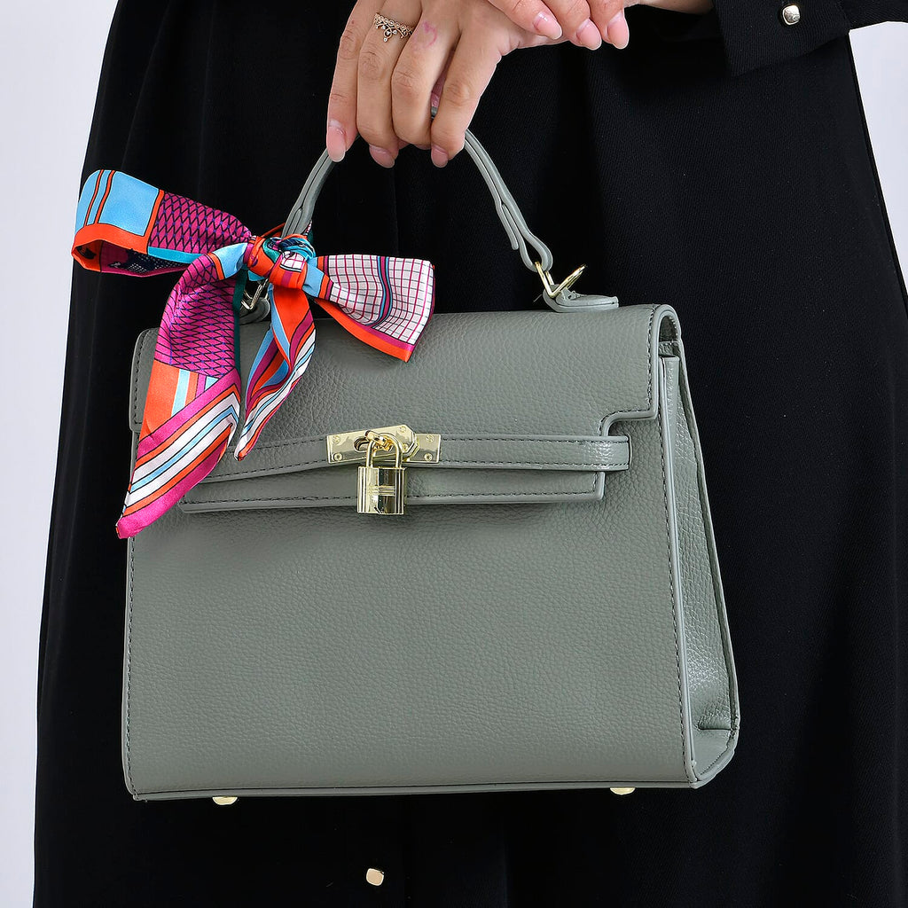 Kelly-Style Shoulder Bag with Scarf Accent & Adjustable Strap - Green