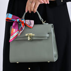 Kelly-Style Shoulder Bag with Scarf Accent & Adjustable Strap - Green