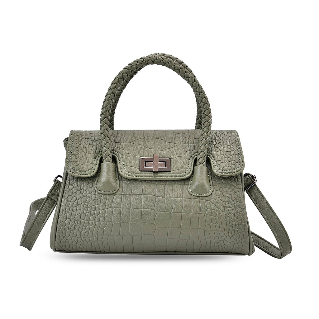 Croc Embossed Crossbody Bag with Lock & Top Handle - Sage