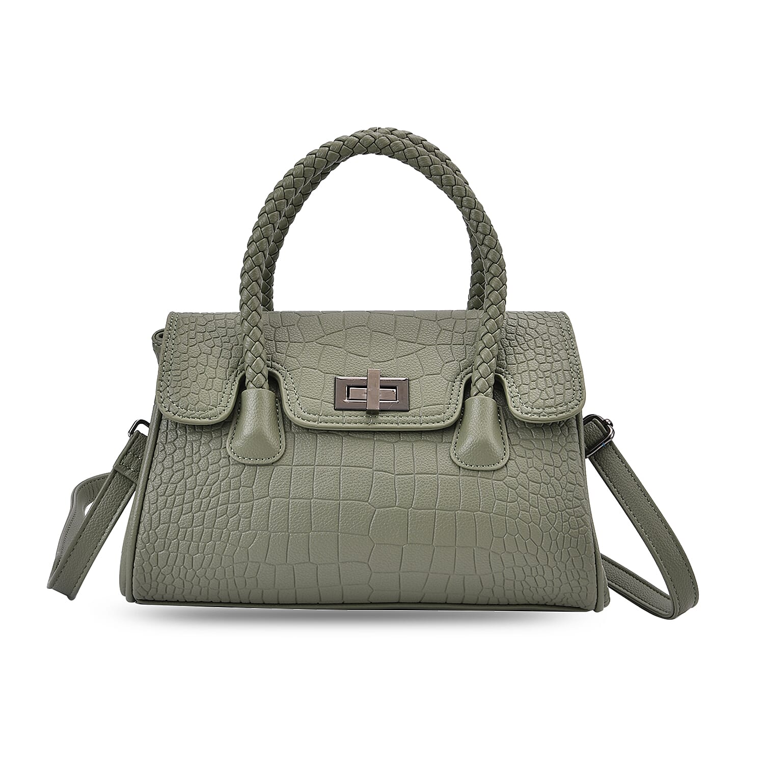 Croc Embossed Crossbody Bag with Lock & Top Handle - Sage