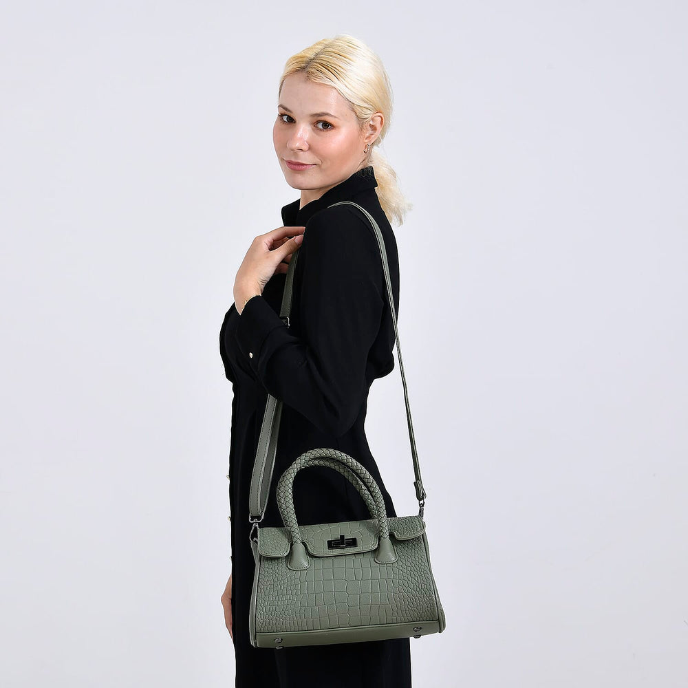 Croc Embossed Crossbody Bag with Lock & Top Handle - Sage