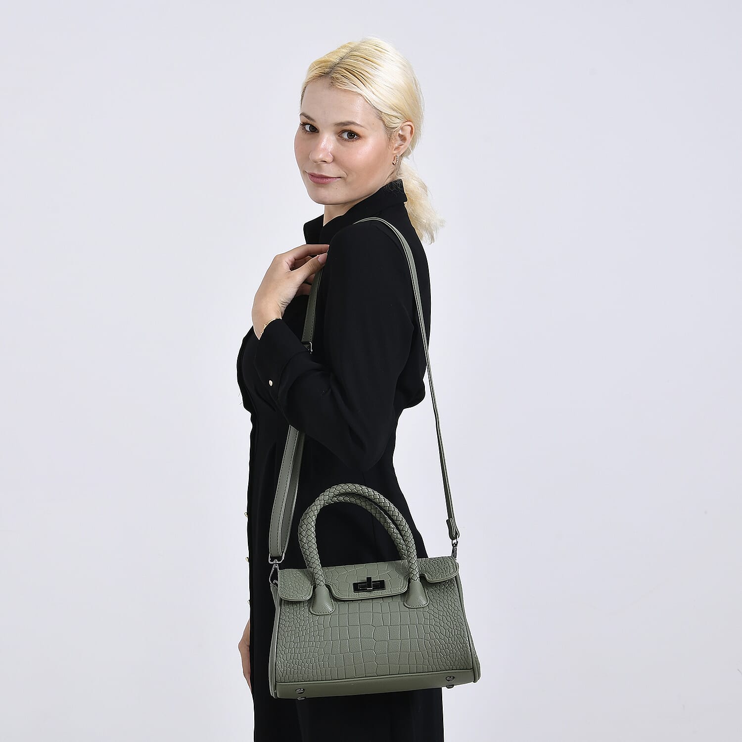 Croc Embossed Crossbody Bag with Lock & Top Handle - Sage