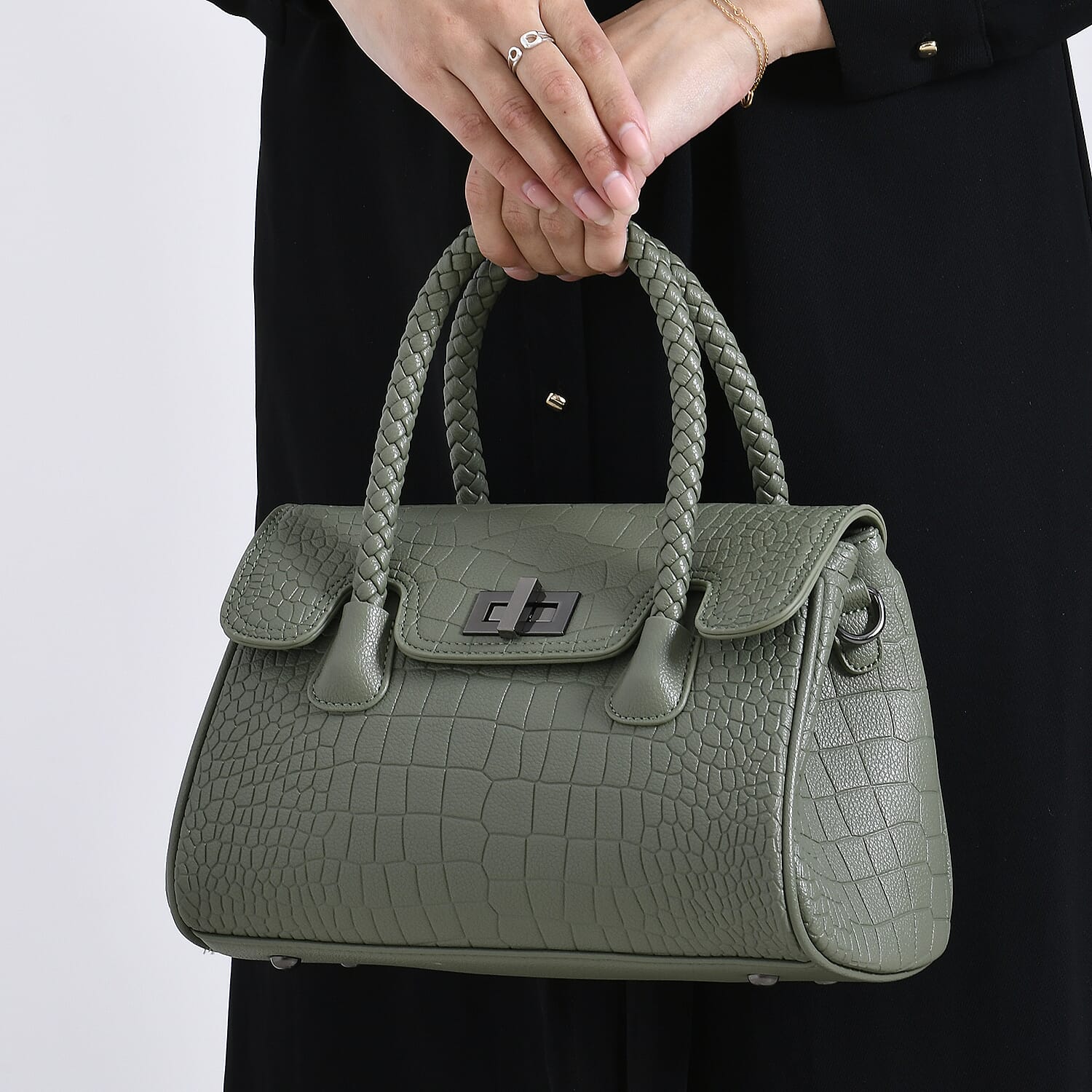 Croc Embossed Crossbody Bag with Lock & Top Handle - Sage