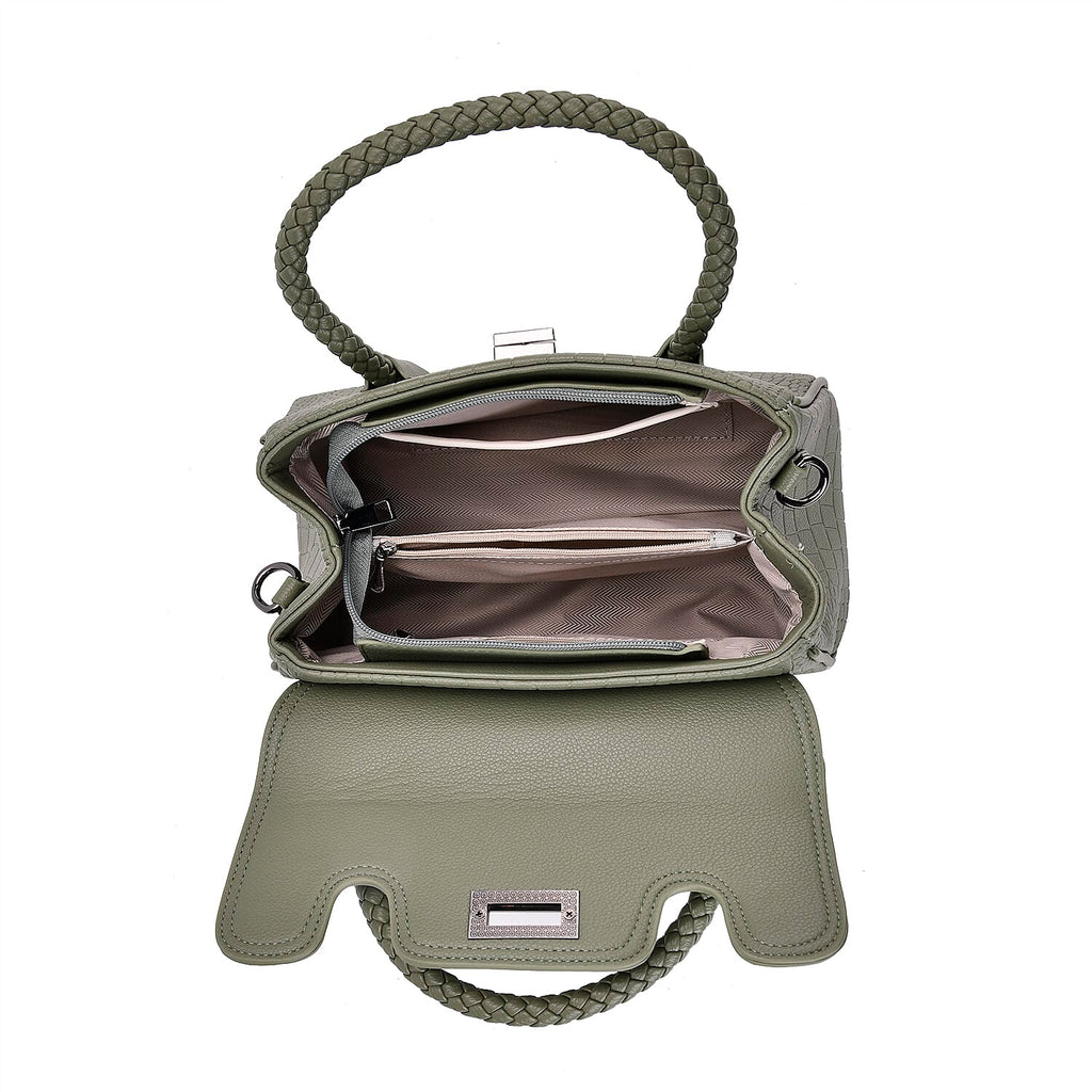 Croc Embossed Crossbody Bag with Lock & Top Handle - Sage