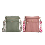 Set of 2 Quilted Crossbody Bags with Patterned Strap - Green - Pink