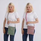 Set of 2 Quilted Crossbody Bags with Patterned Strap - Green - Pink