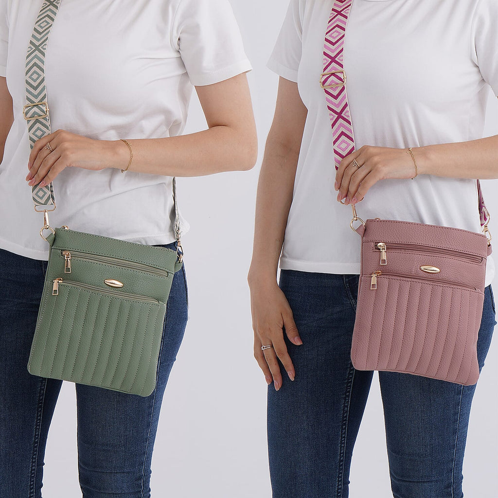 Set of 2 Quilted Crossbody Bags with Patterned Strap - Green - Pink