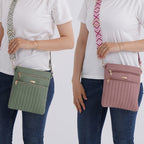 Set of 2 Quilted Crossbody Bags with Patterned Strap - Green - Pink