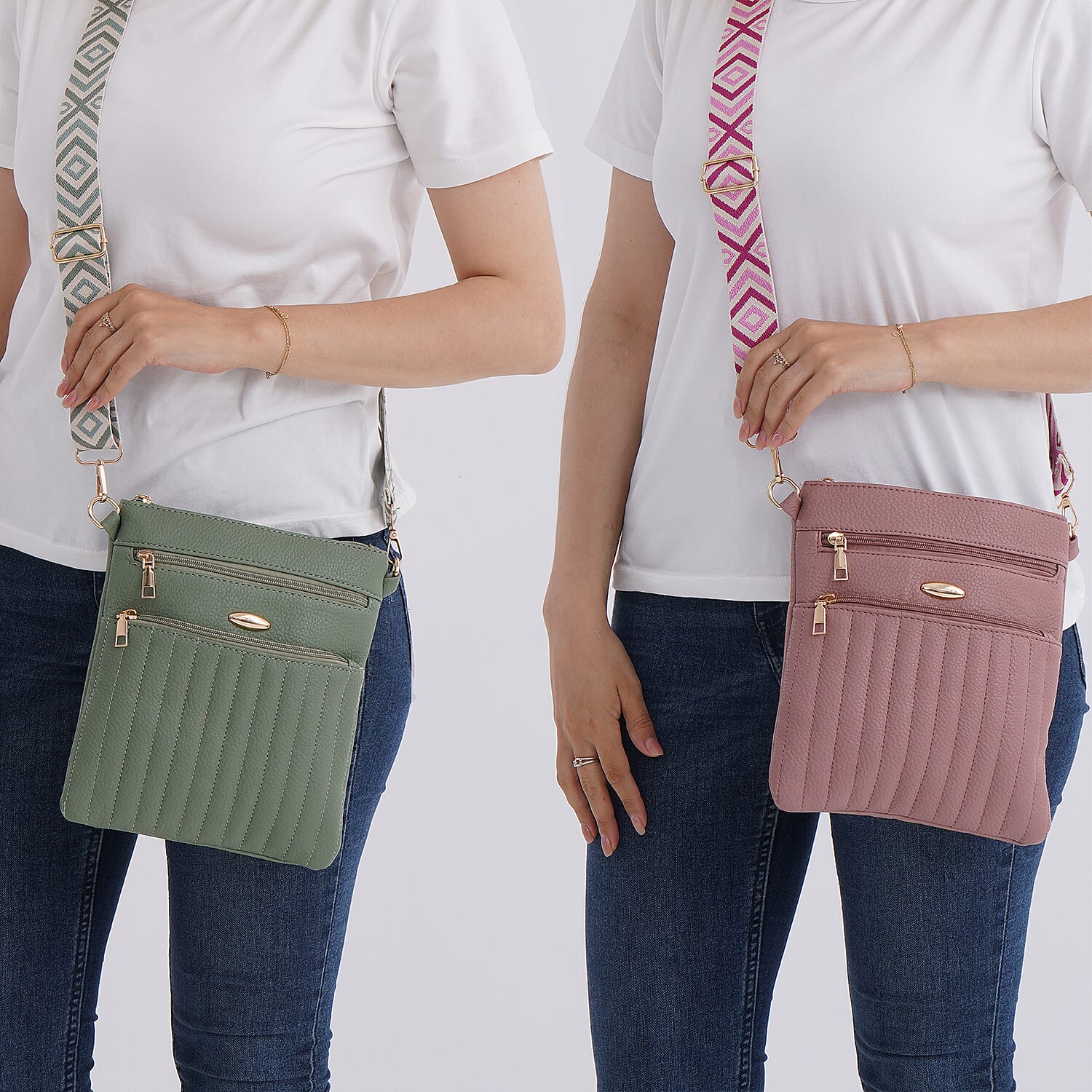 Set of 2 Quilted Crossbody Bags with Patterned Strap - Green - Pink