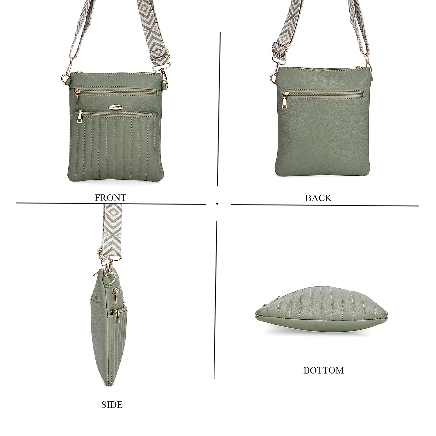 Set of 2 Quilted Crossbody Bags with Patterned Strap - Green - Pink