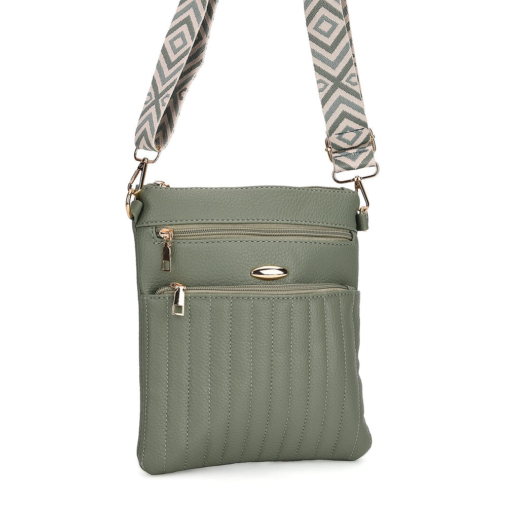 Set of 2 Quilted Crossbody Bags with Patterned Strap - Green - Pink