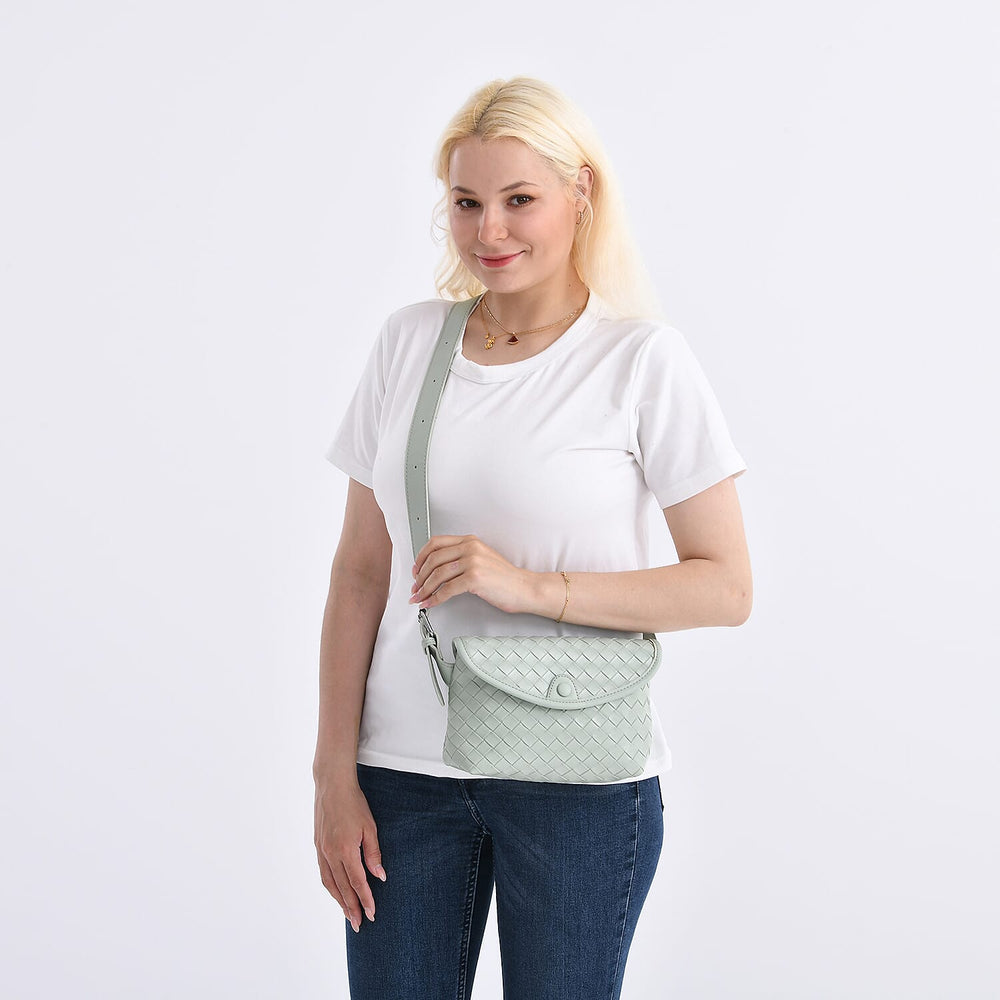 Woven Pattern Crossbody Bag with Flap Closure - Pistachio Green