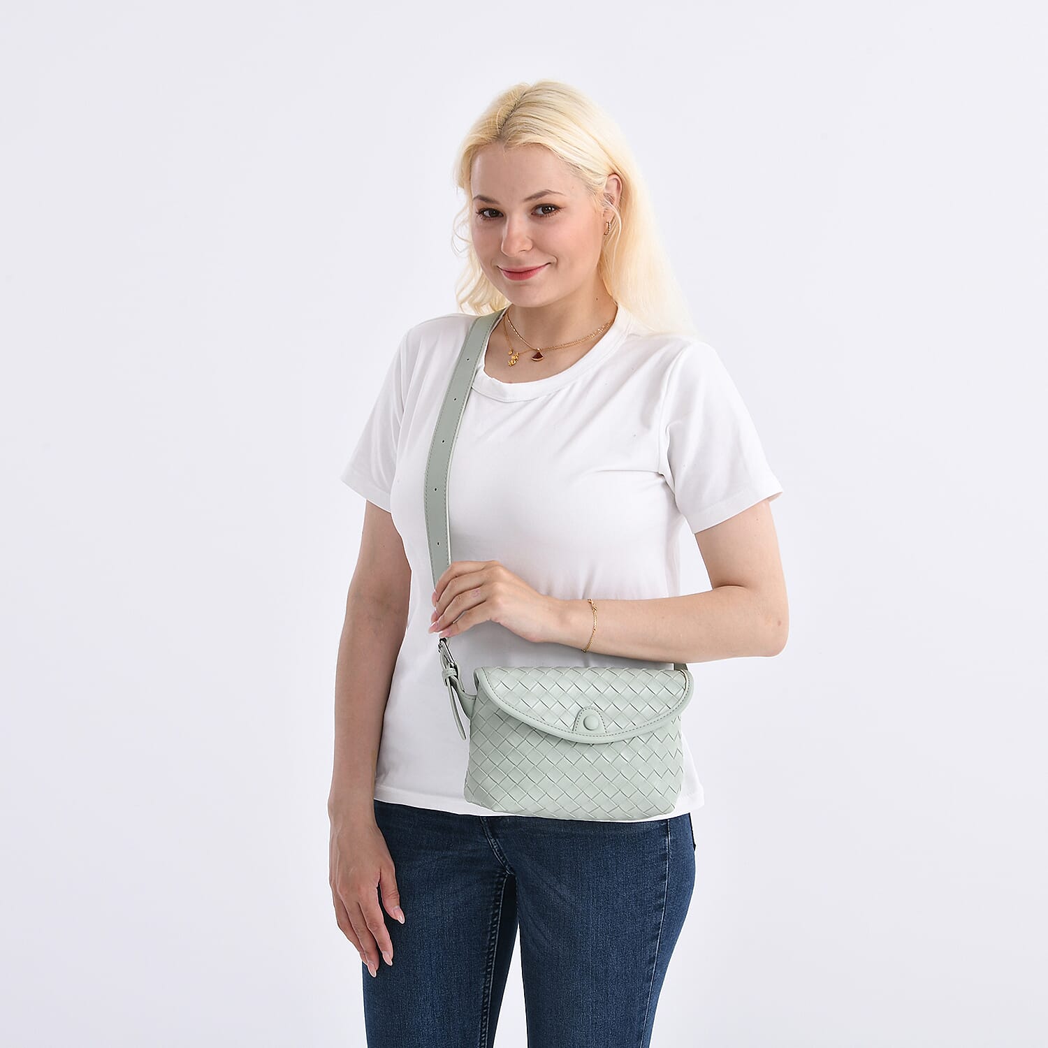 Woven Pattern Crossbody Bag with Flap Closure - Pistachio Green