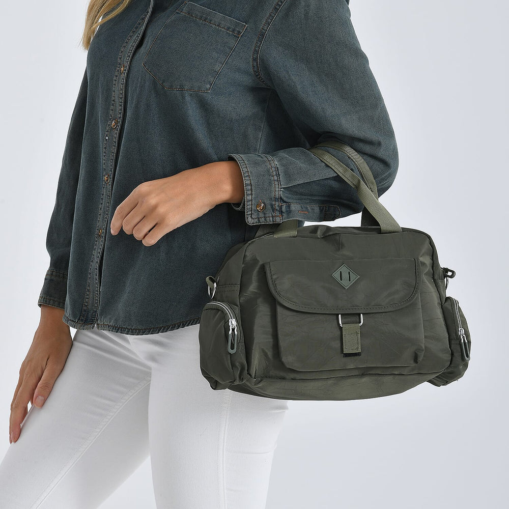 Multi-Pocket Handbag with Crossbody Strap (120 cm) - Green