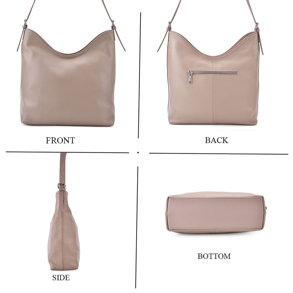 Genuine Leather Hobo Bag with Chain Strap - Beige