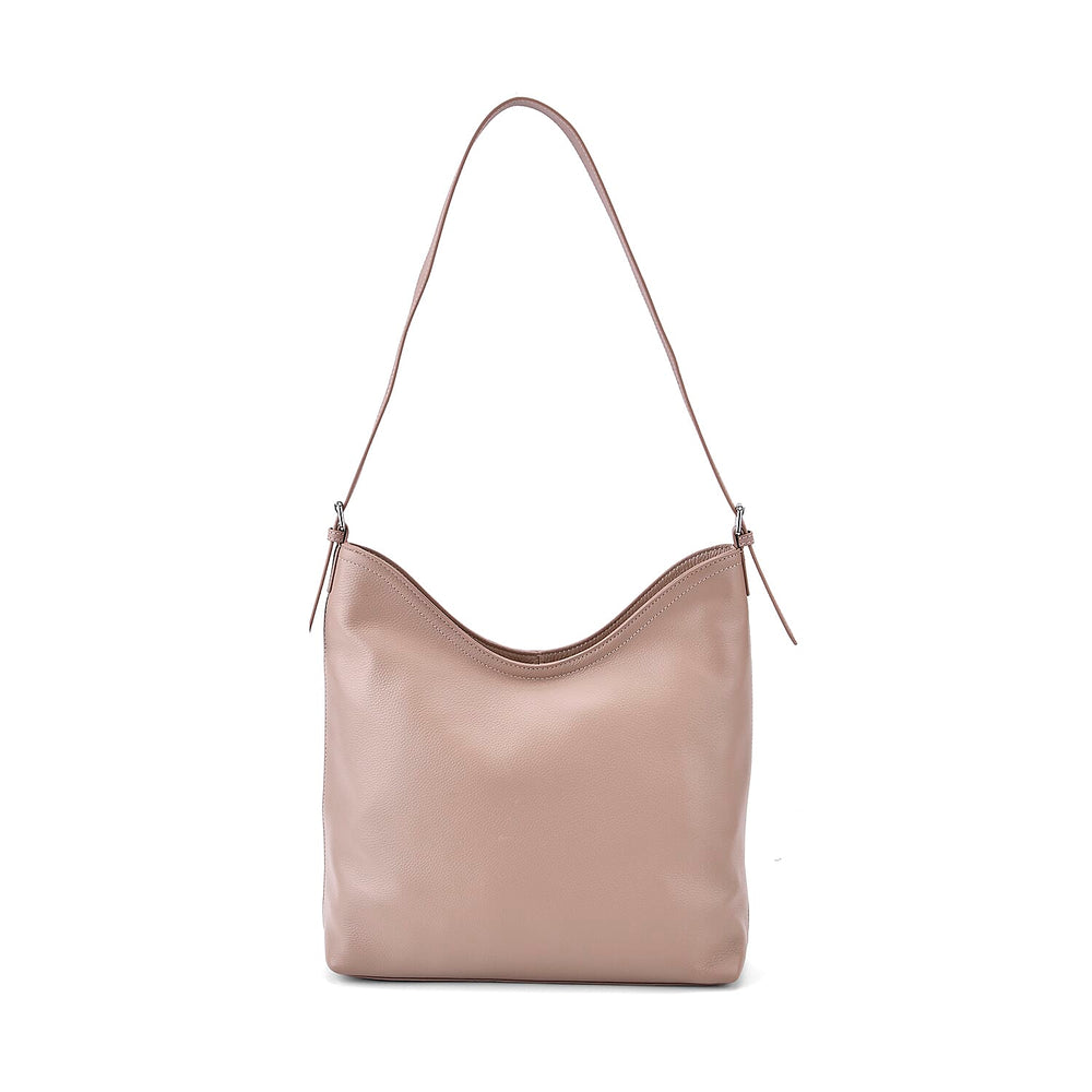 Genuine Leather Hobo Bag with Chain Strap - Beige
