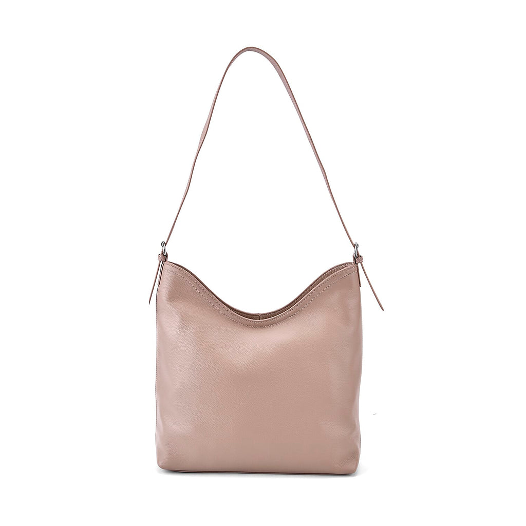 Genuine Leather Hobo Bag with Chain Strap - Beige