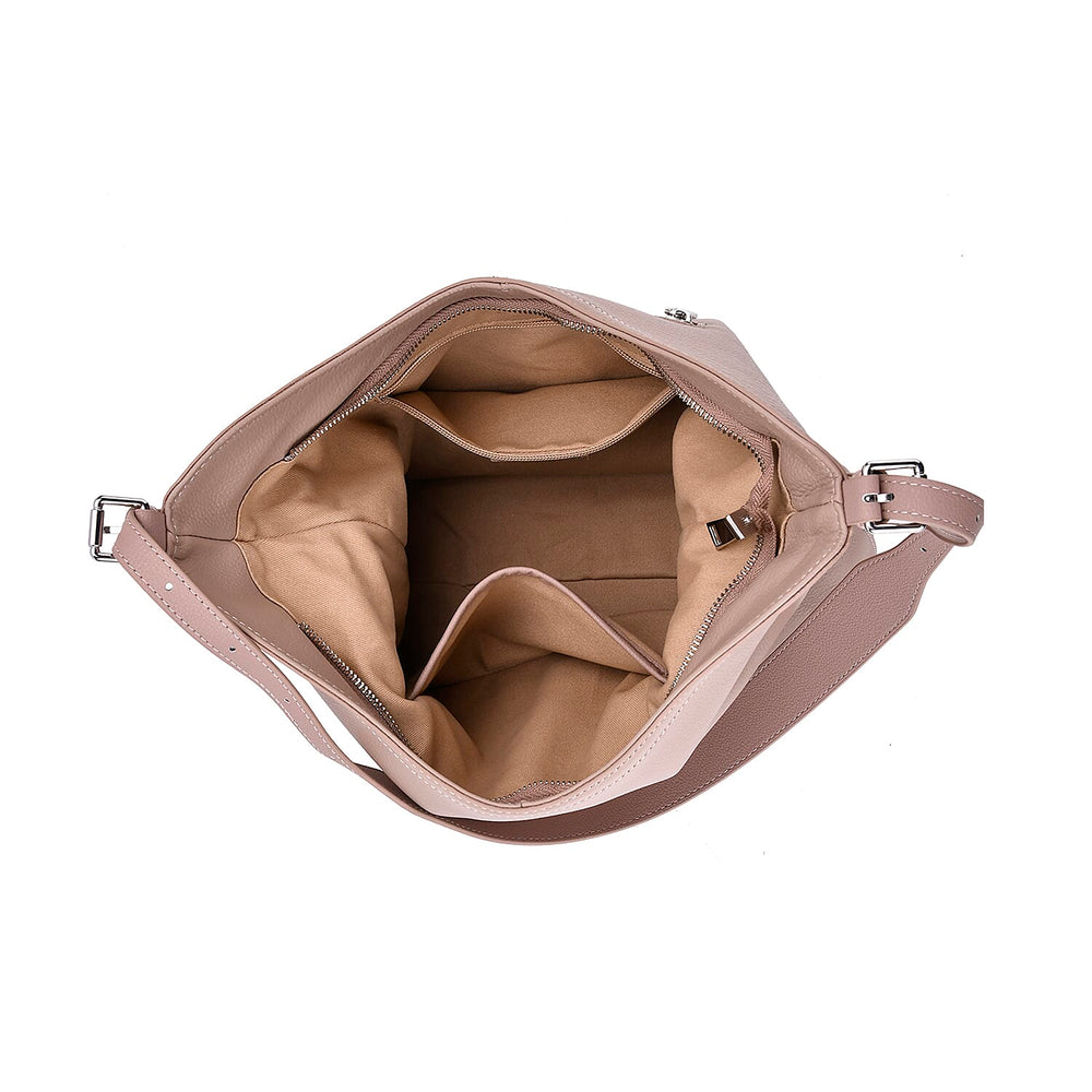Genuine Leather Hobo Bag with Chain Strap - Beige