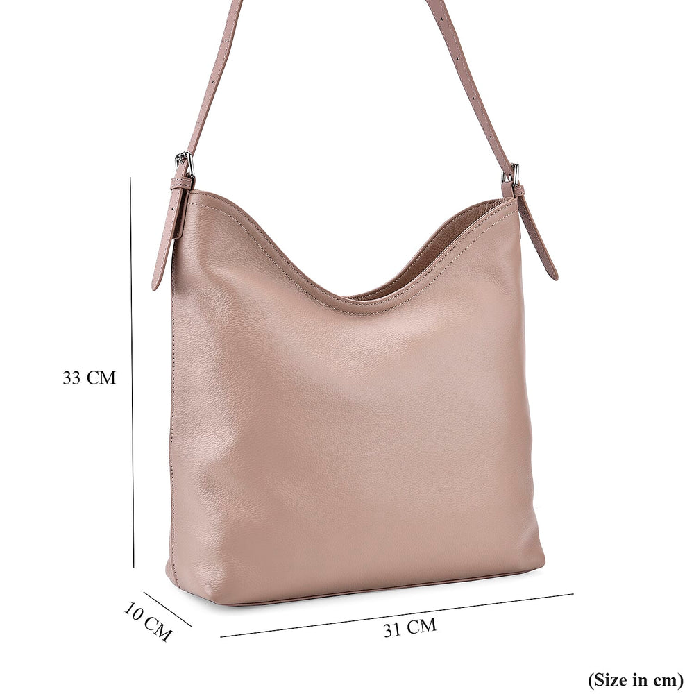 Genuine Leather Hobo Bag with Chain Strap - Beige