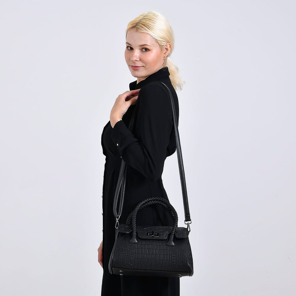 Elegant Croc Pattern Crossbody Bag with Braided Top Handle - Gun