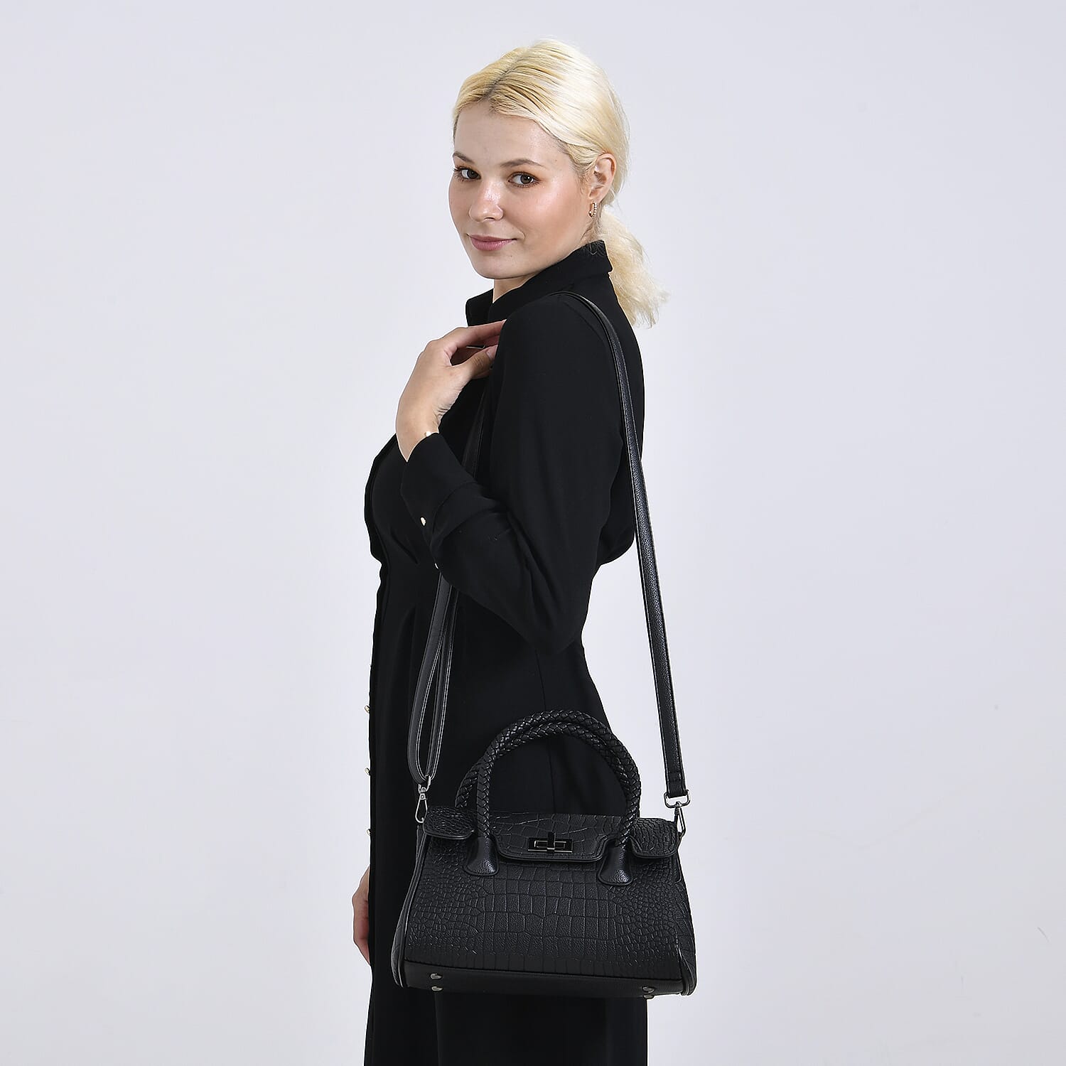 Elegant Croc Pattern Crossbody Bag with Braided Top Handle - Gun