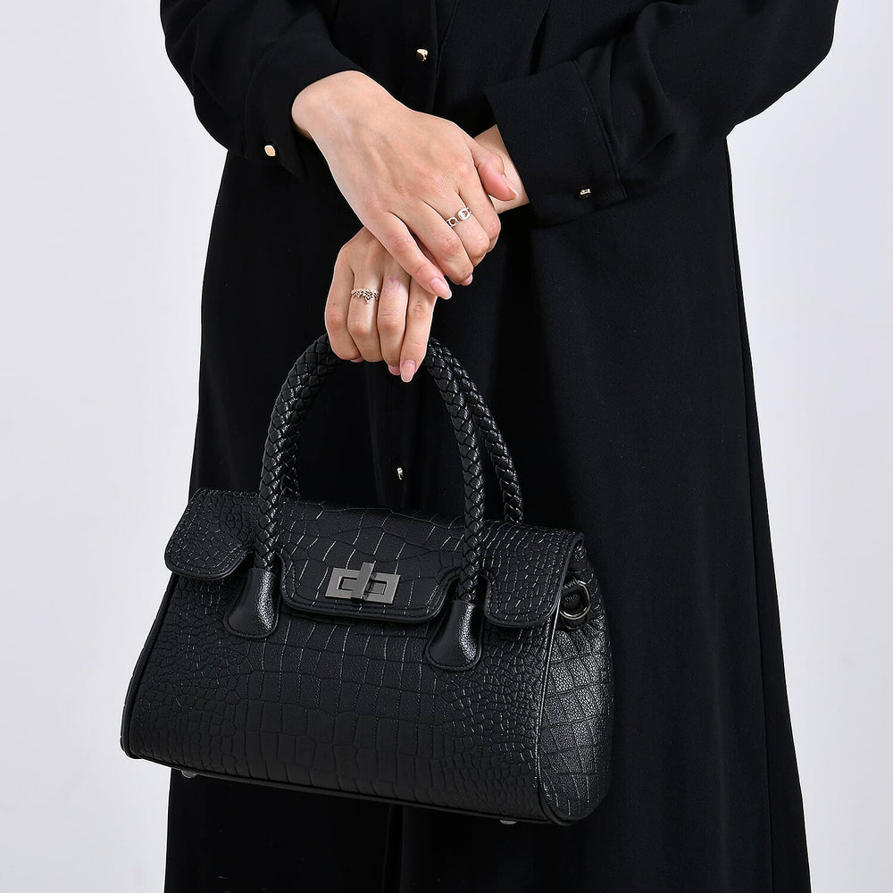 Elegant Croc Pattern Crossbody Bag with Braided Top Handle - Gun