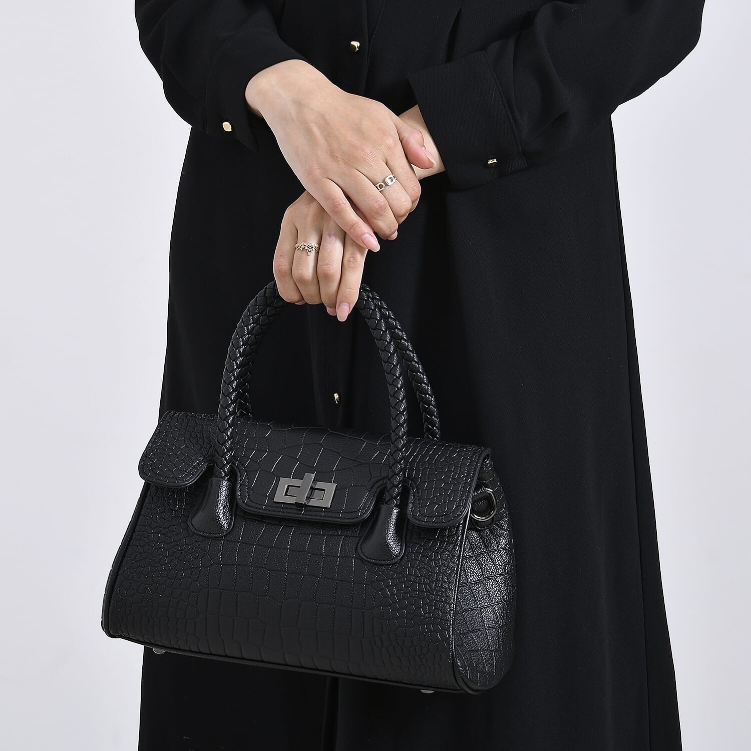 Elegant Croc Pattern Crossbody Bag with Braided Top Handle - Gun