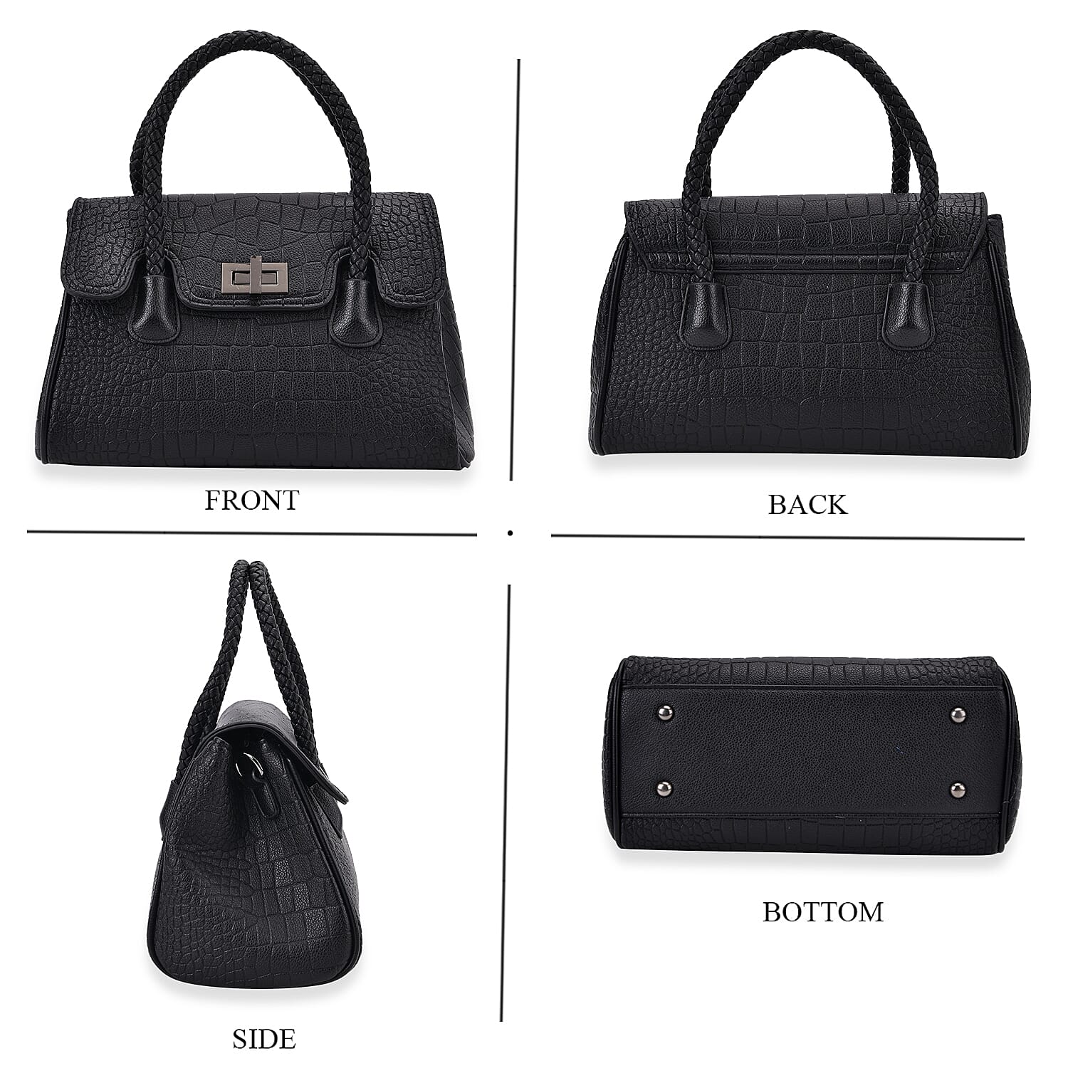 Elegant Croc Pattern Crossbody Bag with Braided Top Handle - Gun