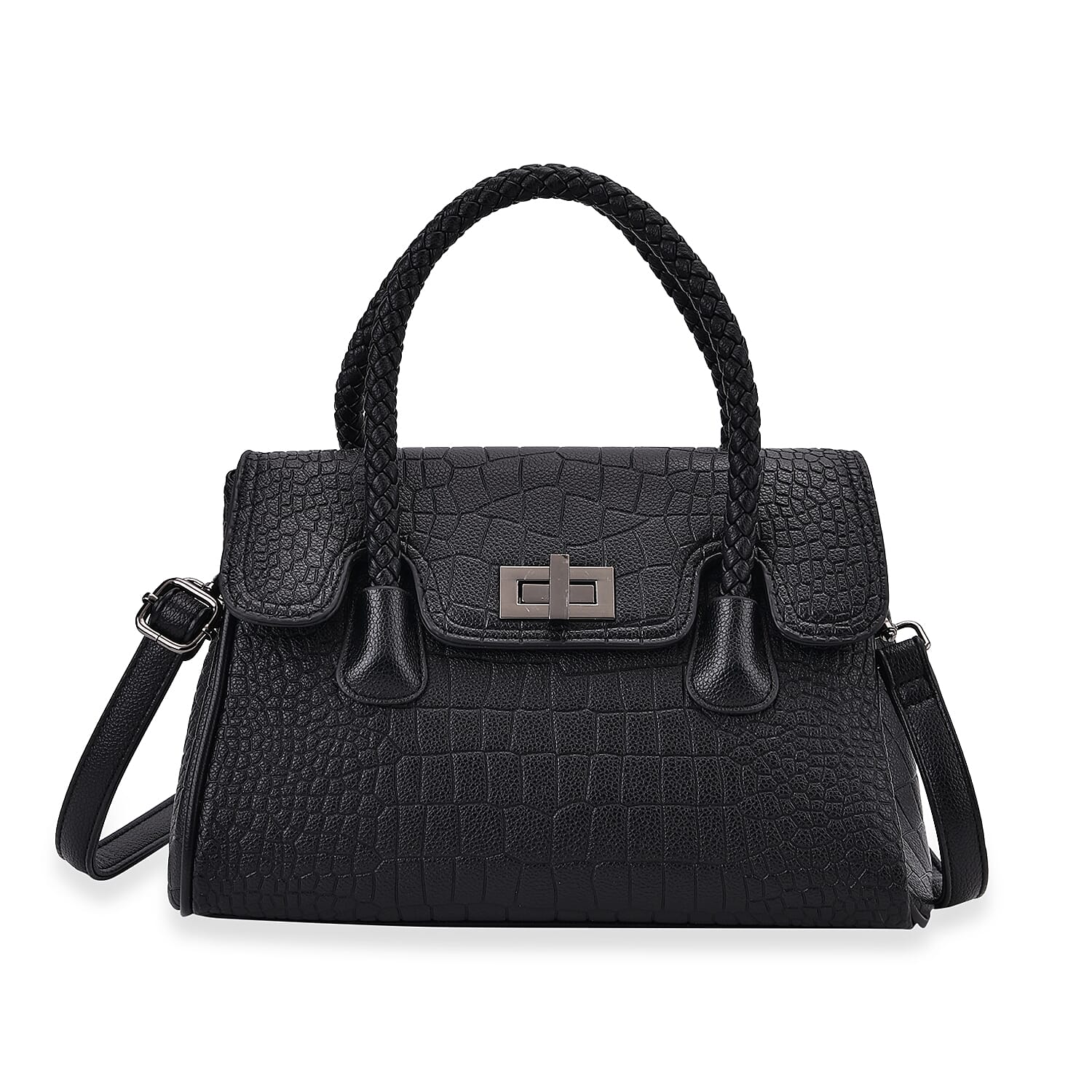 Croc Embossed Crossbody Bag with Lock & Top Handle - Black