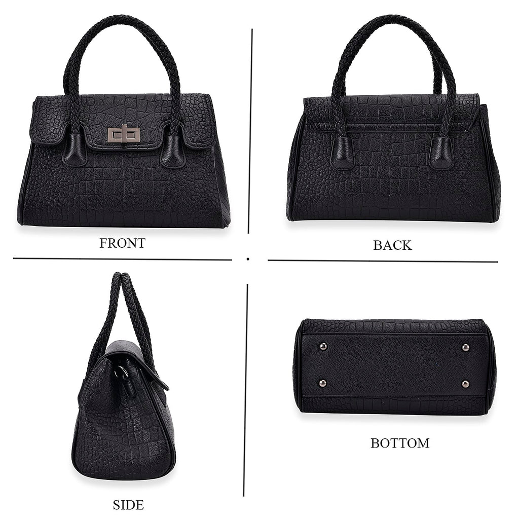 Croc Embossed Crossbody Bag with Lock & Top Handle - Black