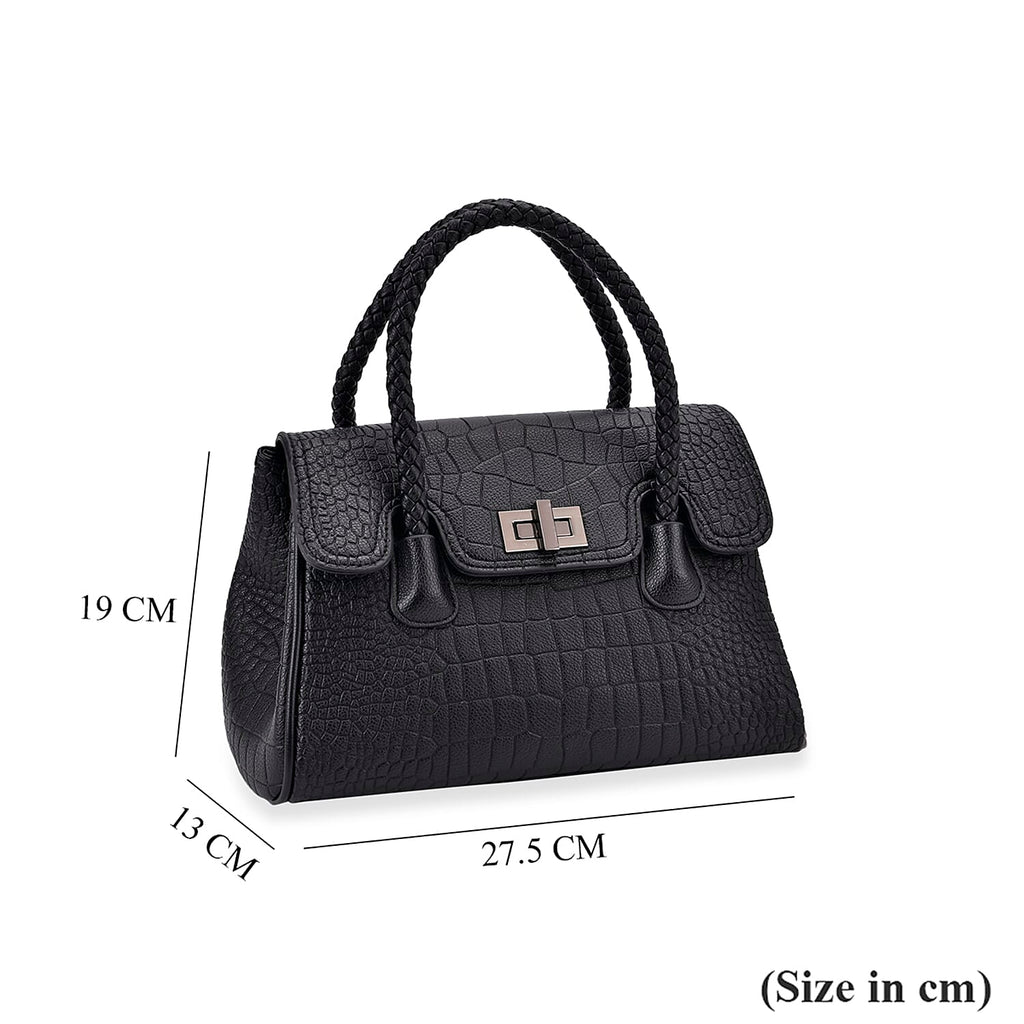 Croc Embossed Crossbody Bag with Lock & Top Handle - Black