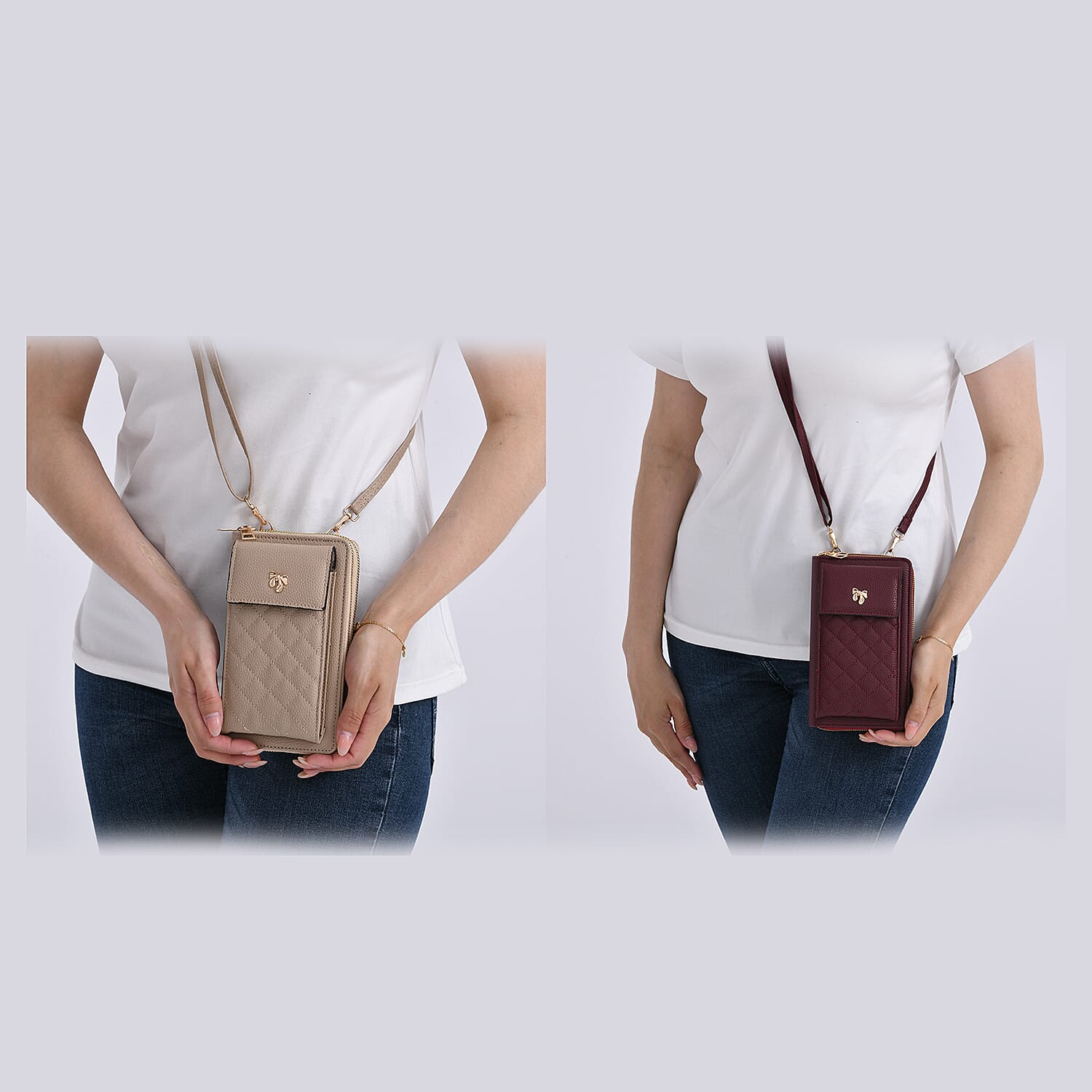 Set of 2 Quilted Cellphone Bags - Beige - Burgundy