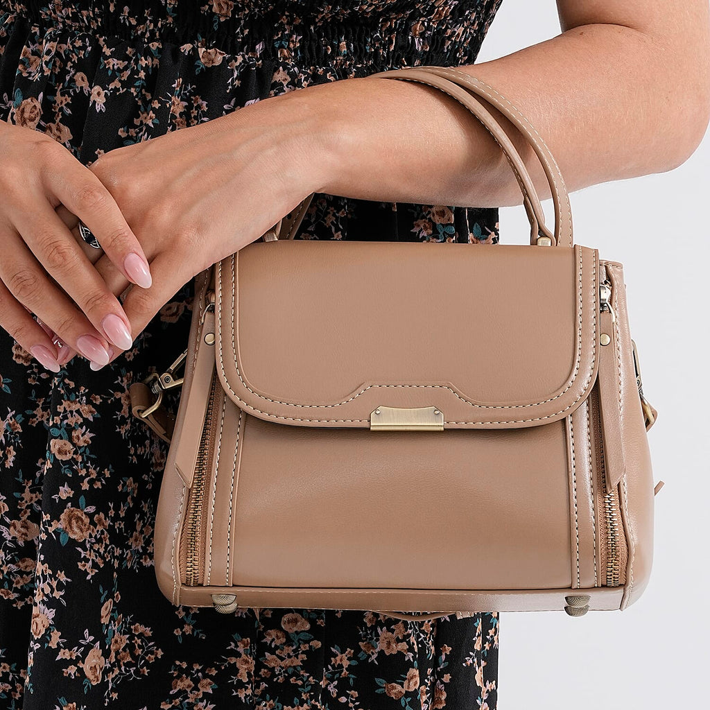 Genuine Leather Top Handle Satchel Bag with Adjustable Long Shoulder Straps - Khaki