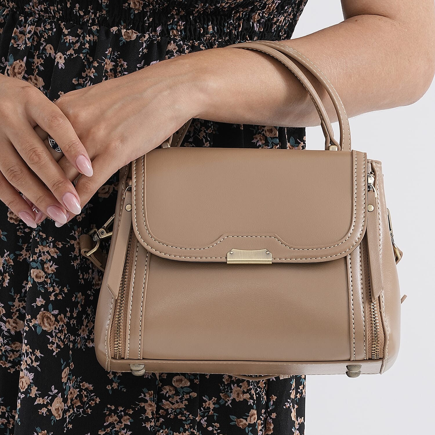 Genuine Leather Top Handle Satchel Bag with Adjustable Long Shoulder Straps - Khaki
