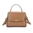 Genuine Leather Top Handle Satchel Bag with Adjustable Long Shoulder Straps - Khaki
