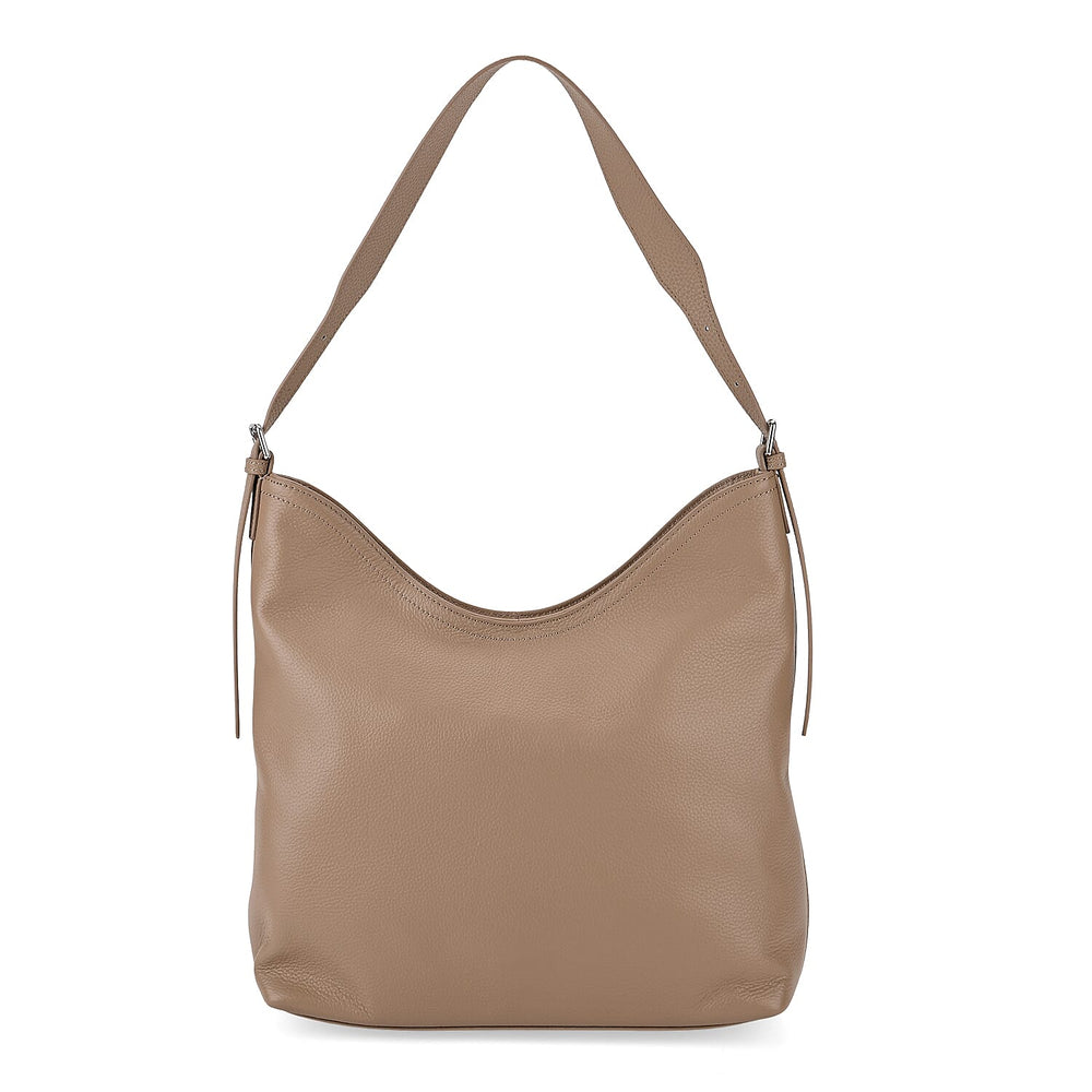 Genuine Leather Slouchy Shoulder Bag - Beige