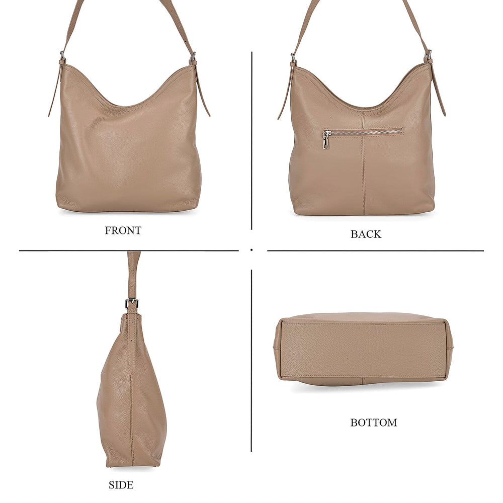 Genuine Leather Slouchy Shoulder Bag - Beige