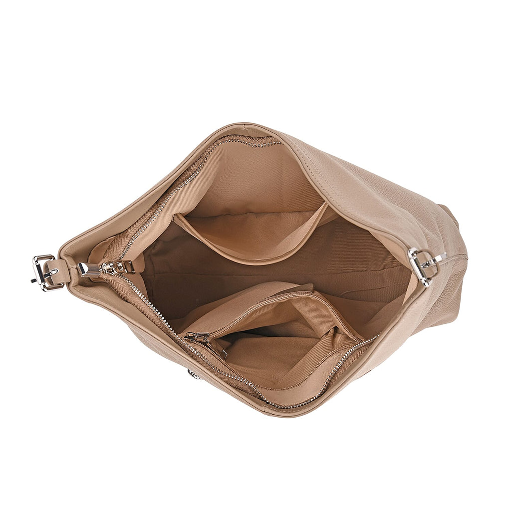 Genuine Leather Slouchy Shoulder Bag - Beige