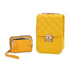 Elegant Monogram Quilted Phone Bag with Matching Clutch Card Holder - Yellow