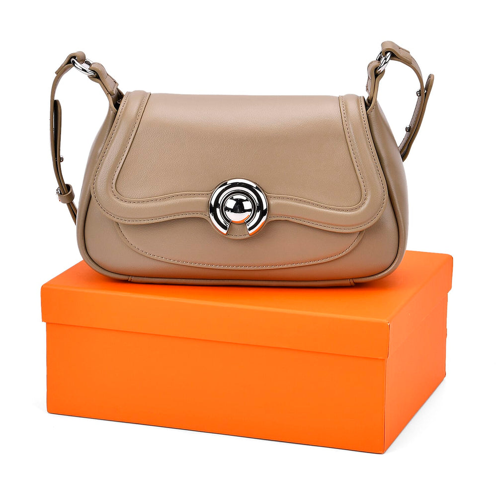 Genuine Leather Elegant Crossbody Bag - Khaki