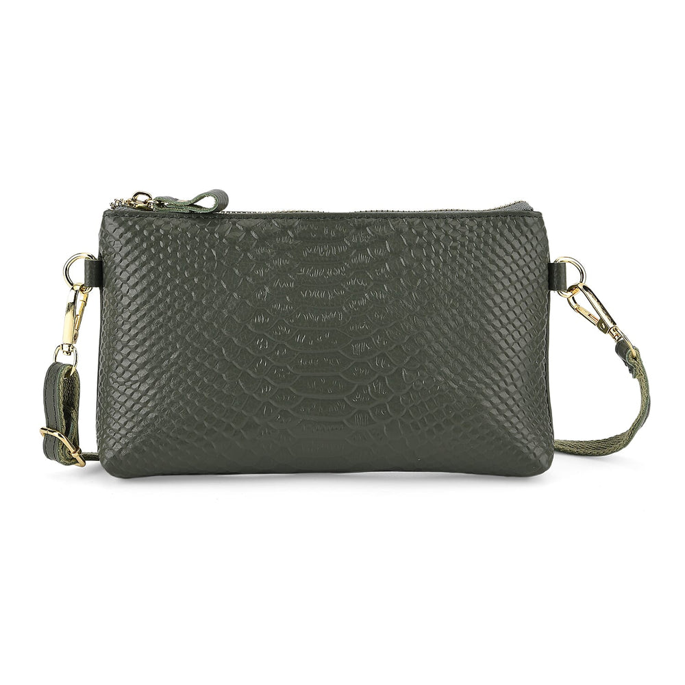 Genuine Leather Sling Bag with Detachable Strap (140 cm) - Dark Green