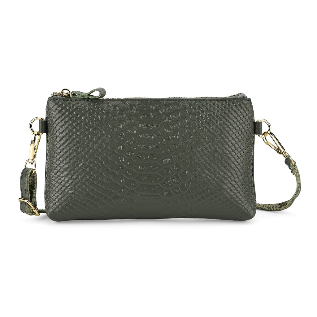 Genuine Leather Sling Bag with Detachable Strap (140 cm) - Dark Green